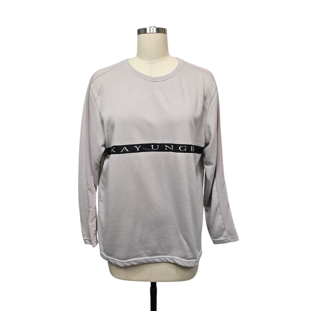 Kay Unger Womens Long Sleeve Logo Tape Crew Neck Sweatshirt Tan Cream Size Med